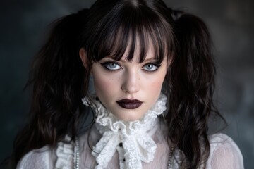 Fototapeta premium Dark-haired woman with dramatic eye makeup, dark lipstick, and pigtails wearing a vintage-style ruffled white top. Expression is serious and intense, with deep eye contact