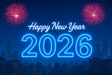 Happy New Year 2026 Neon Lights Cityscape Celebration