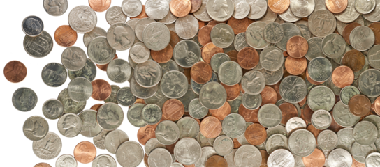 A large display of pennies, nickels, dimes and quarters in circulation on a transparent background..