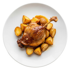 Roasted Duck Leg and Potatoes on a White Plate against Transparent Background Culinary Presentation