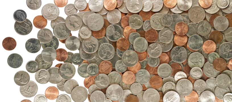 A large display of pennies, nickels, dimes and quarters in circulation on a transparent background..