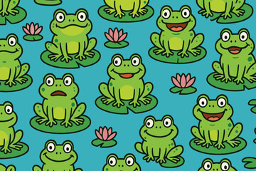 Seamless pattern of cheerful cartoon frogs sitting on lily pads with pink lotus flowers