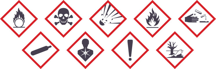 GHS Hazard Warning Symbols Icon Set – Safety Labels, Chemical Signs, and Danger Alert Design