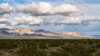 Striped Mountains and Desert Scrubland Under Sunny Sky with Storm Clouds, Nevada