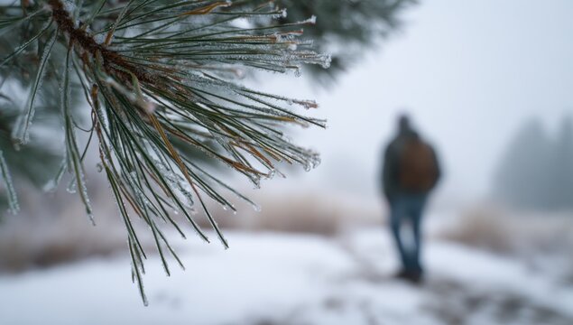 
Close-up of an ice-covered pine branch with a boy with a backpack walking out of focus against a snowy background. Ideal for winter holidays, school breaks, travel, nature, and seasonal concepts. 