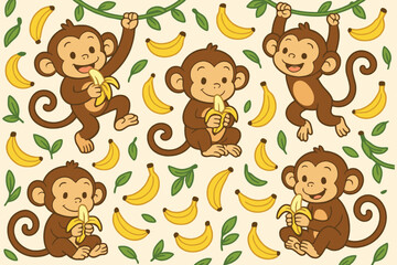 Cute cartoon monkeys playfully interacting with bananas and jungle vines