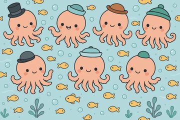 Adorable group of cute cartoon octopuses wearing hats in the ocean with small fish