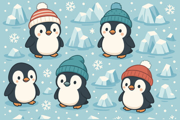 Cute cartoon penguins wearing knitted hats in a snowy arctic landscape with icebergs and snowflakes