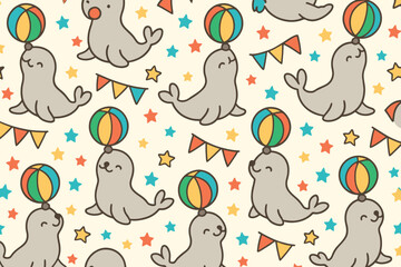 Cute cartoon seals balancing colorful balls on their noses in a playful circus pattern