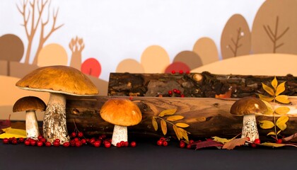Mushrooms and Autumn Leaves on a Log with Red Berries in Nature