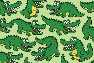 Seamless pattern of cute cartoon alligators with big smiles and sharp teeth on a light green background