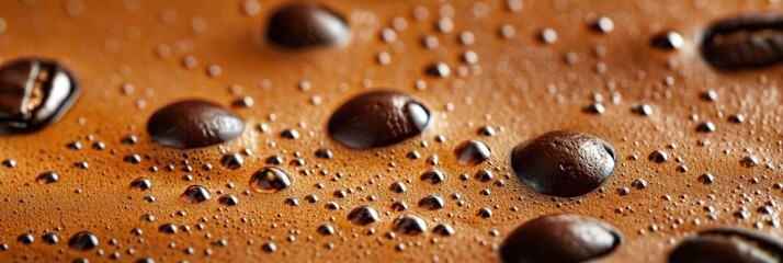 Close-up view of coffee beans on a surface with water droplets, highlighting texture and richness during a morning brew session