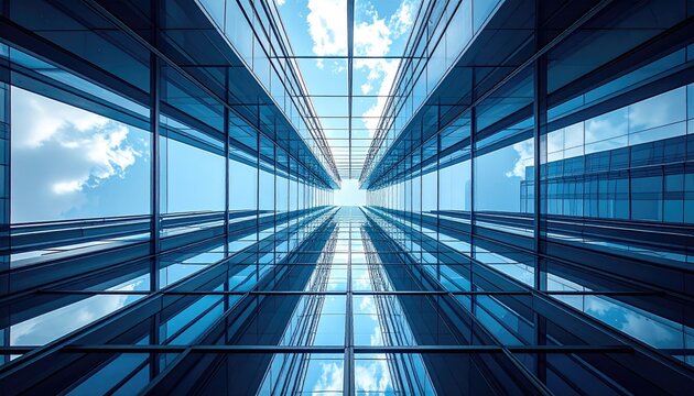 Abstract Azure Glass Building Facade with Mirrored Sky Reflections and Symmetrical Metal Framework in Low Angle Wide Angle Perspective