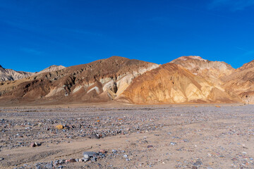 Afternoon Desert Scene with Rocky Wash and Striped Hills Under Deep Blue Sky, Death Valley National Park