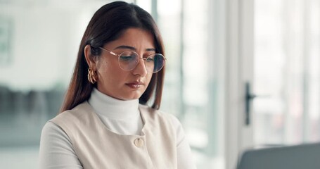 Thinking, glasses and laptop with business woman for reflection, insurance fraud case or report. Investigation results, claims manager and vision with person in agency for lability review and online - Powered by Adobe