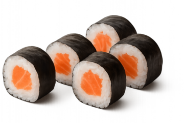 Sushi rolls with rice and salmon on plate