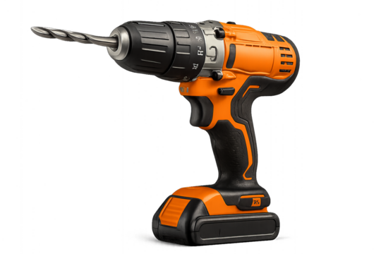 Electric drill tool with metallic body on white surface