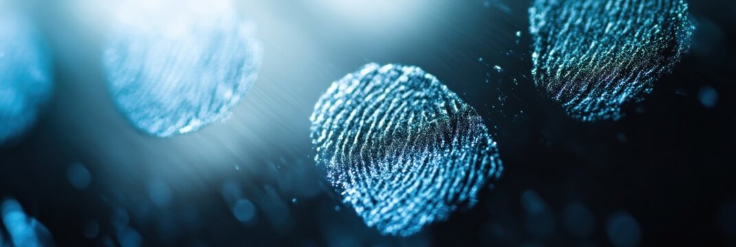 Detailed close-up of digital fingerprints on a soft background with light highlights reflecting through the biometric patterns in a modern context