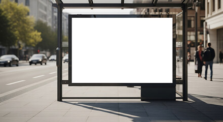 Fototapeta premium A blank white billboard at a bus stop on a sunny day with cars and pedestrians in the background.