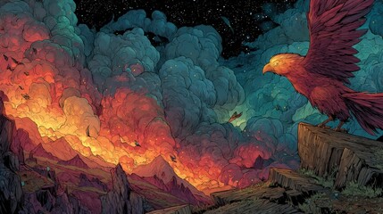 Fiery bird soaring above a landscape of fire and smoke, set against a starlit sky. The mythical creature watches over a fiery, surreal world below. comic book style