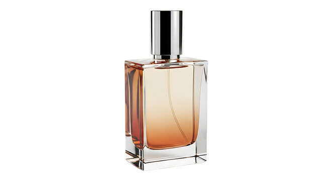 A rectangular glass perfume bottle with a silver cap filled with amber liquid on a white background.