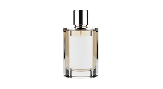 A minimalist glass perfume bottle with a silver cap and blank white label isolated on a white background.