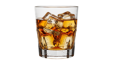A classic rocks glass filled with a cold amber-colored beverage and ice cubes, isolated on a pure white background.