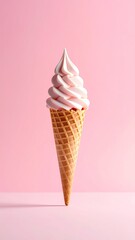 A perfect swirl of pink ice cream in a crisp waffle cone against a pink backdrop