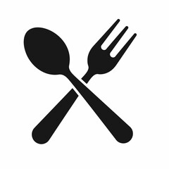 A simple black silhouette of a spoon and fork crossed over each other on a white background.