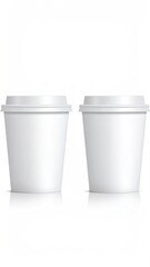 Two white, closed disposable coffee cups, clean design, slight shadow below
