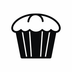 Black and white simple graphic icon of a cupcake or muffin with a fluted liner and rounded top.