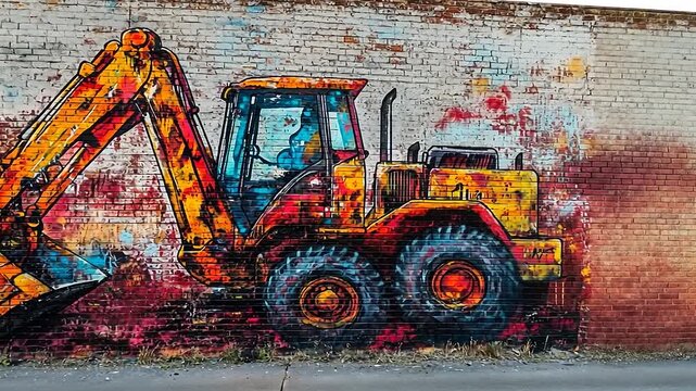 Colorful Backhoe Loader Digging Dirt Against Brick Wall Art.