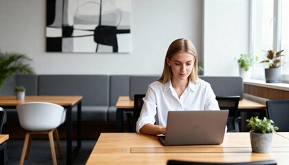 Young Caucasian female entrepreneur working on laptop at co-working space, modern business environment, daylight