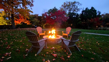 Outdoor Fire Pit with Chairs Surrounded by Autumn Foliage at Dusk
