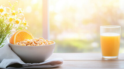 Bright Morning Cereal with Orange and Juice Still Life Food
