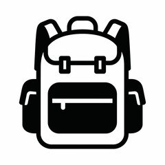 Fototapeta premium A black and white graphic illustration of a backpack, featuring a main compartment, a front pocket, and two side pouches.
