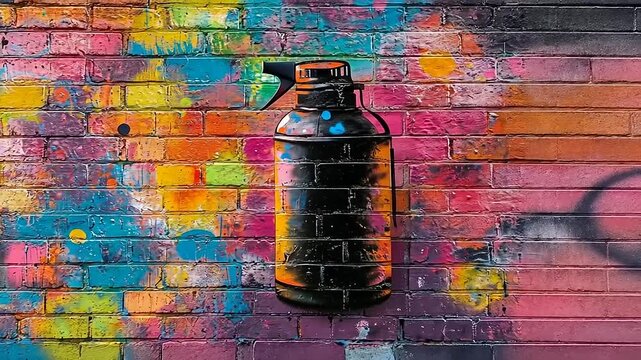Colorful Urban Graffiti Art of a Spray Bottle on a Brick Wall.