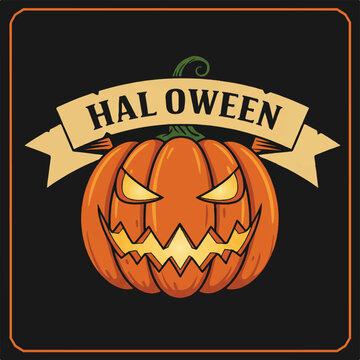 A carved pumpkin with a banner reading Hal Oween against a black background