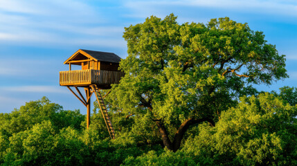 Serene Scenery Wooden Treehouse Elevated Above Lush Green Forest Landscape