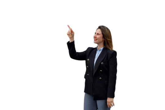 Professional woman pointing her finger upwards, smiling, and looking at the empty space above, on a transparent background