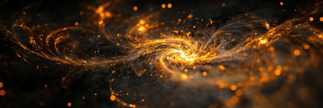 Bright golden whirl of light swirls through dark space, creating the illusion of a cosmic dance at night in the universes vastness