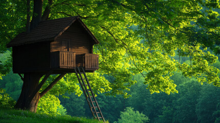 Cozy Wooden Treehouse Nestled in a Lush Green Forest Canopy