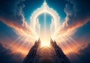 church with the gates of heaven open and heavenly light