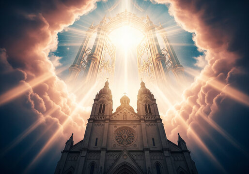church with the gates of heaven open and heavenly light - Powered by Adobe