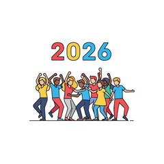 Diverse group of people celebrating the year 2026 with joy and excitement.