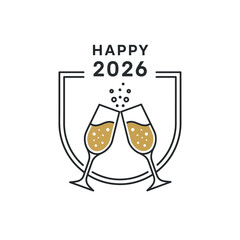 Happy 2026 New Year celebration with clinking champagne glasses logo.
