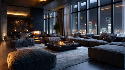 Elegant penthouse living room with dim lights at night