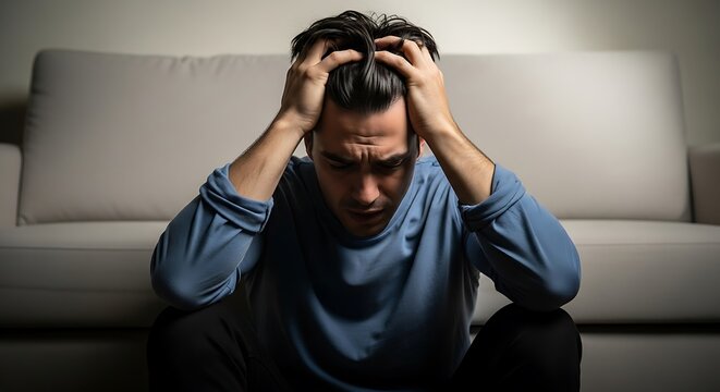 Stressed Man Holding Head in Frustration or Anxiety at Home