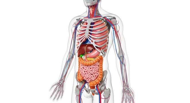 Detailed Anatomical Illustration of the Human Digestive System and Circulatory Network