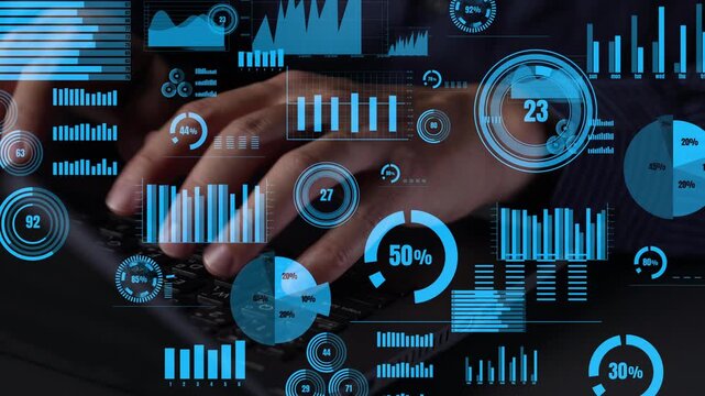 A close-up of hands typing on a keyboard, overlaid with various data visualization elements such as graphs, charts, and numerical indicators, depicting analytical processes. Xenic